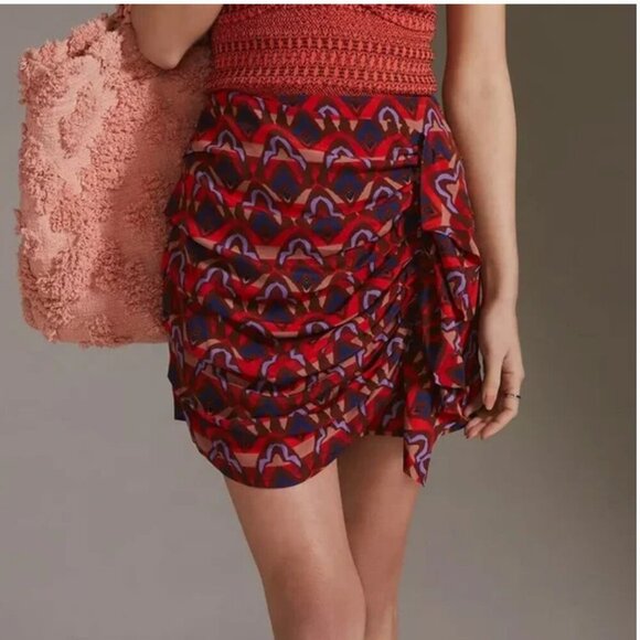 Anthropologie Dolan Left Coast Skirt Ruffle Mini Ruched Geometric Red New Small - Picture 2 of 11